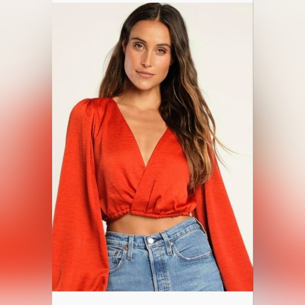 Lulu's Satin Long Sleeve Wrap Crop Top